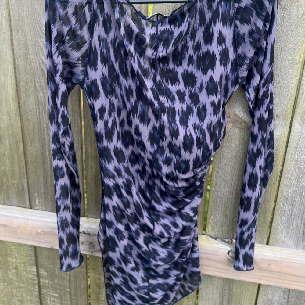 Intimately Free People Blue Mesh Asymmetrical Top – Sheer Long Sleeve Ruched